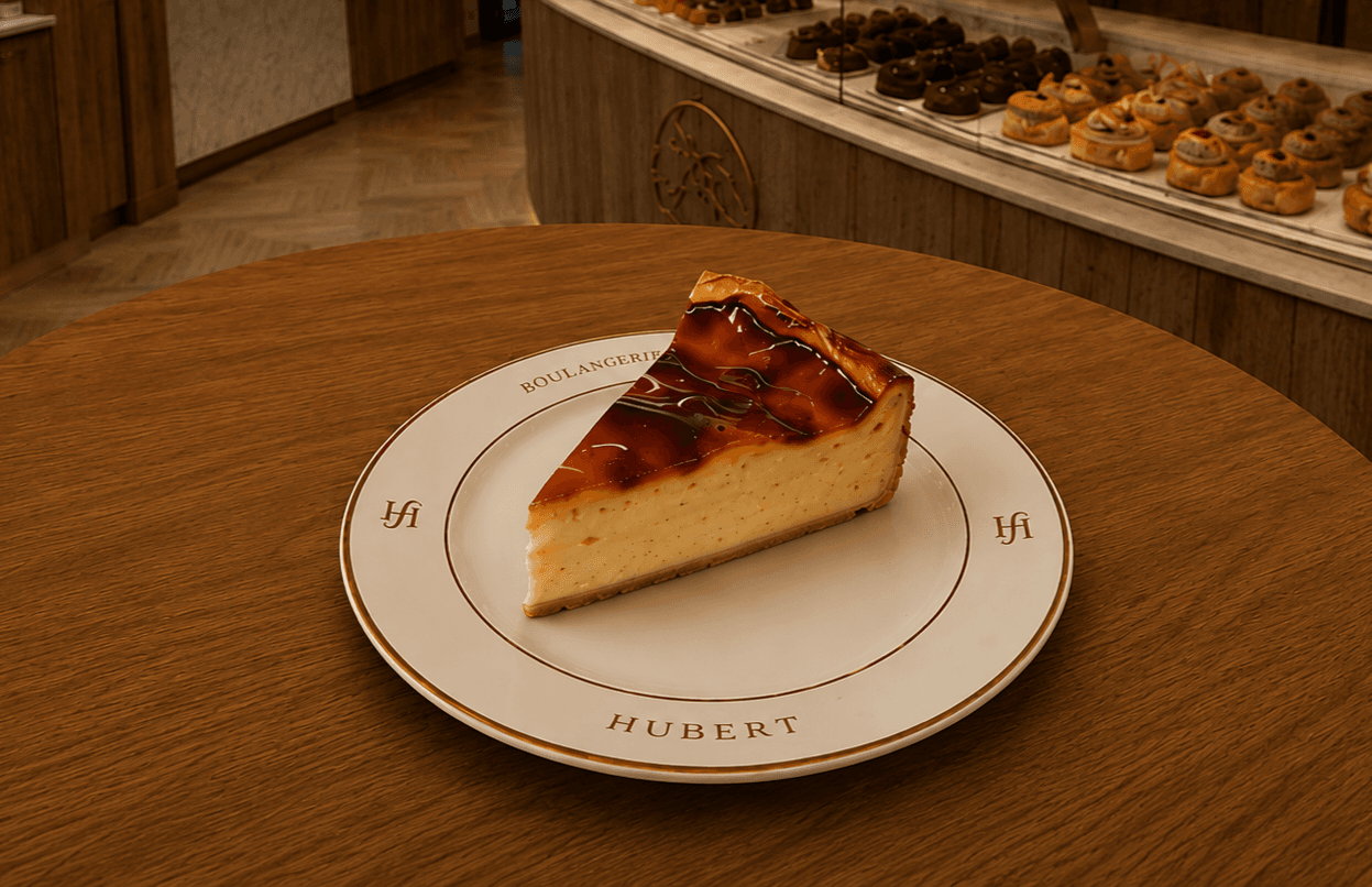 Une part de flan vanille de la Boulangerie Hubert, sur une assiette blanche, dans un jardin.